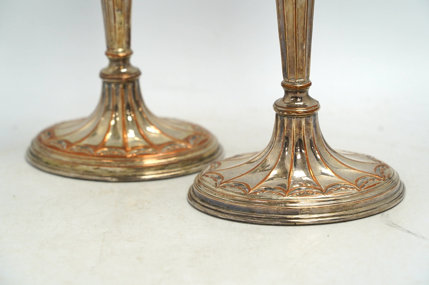 A pair of 19th century Old Sheffield plate three light, two branch candelabra, 44cm high. Condition - fair to good